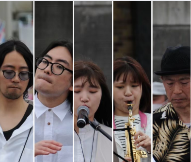 Shun Band members collage showing guitarist, bassist, vocalist, saxophonist, and guitarist